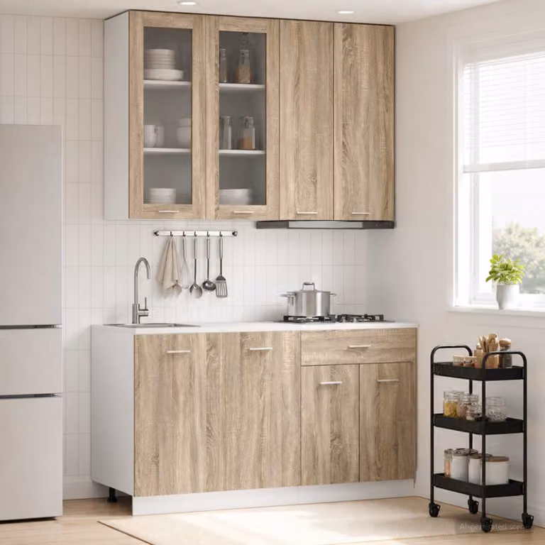 Set di mobili da cucina moderna vidaXL LYON in legno e MDF marrone con ante in vetro, 4 pezzi
