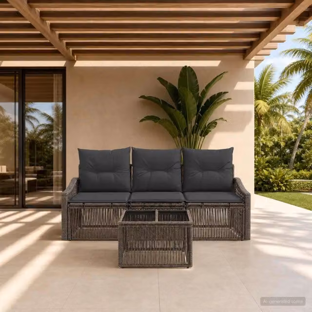 Set da giardino vidaXL composto da divano a 3 posti e tavolino con cuscini imbottiti in rattan grigio e struttura in metallo – 1