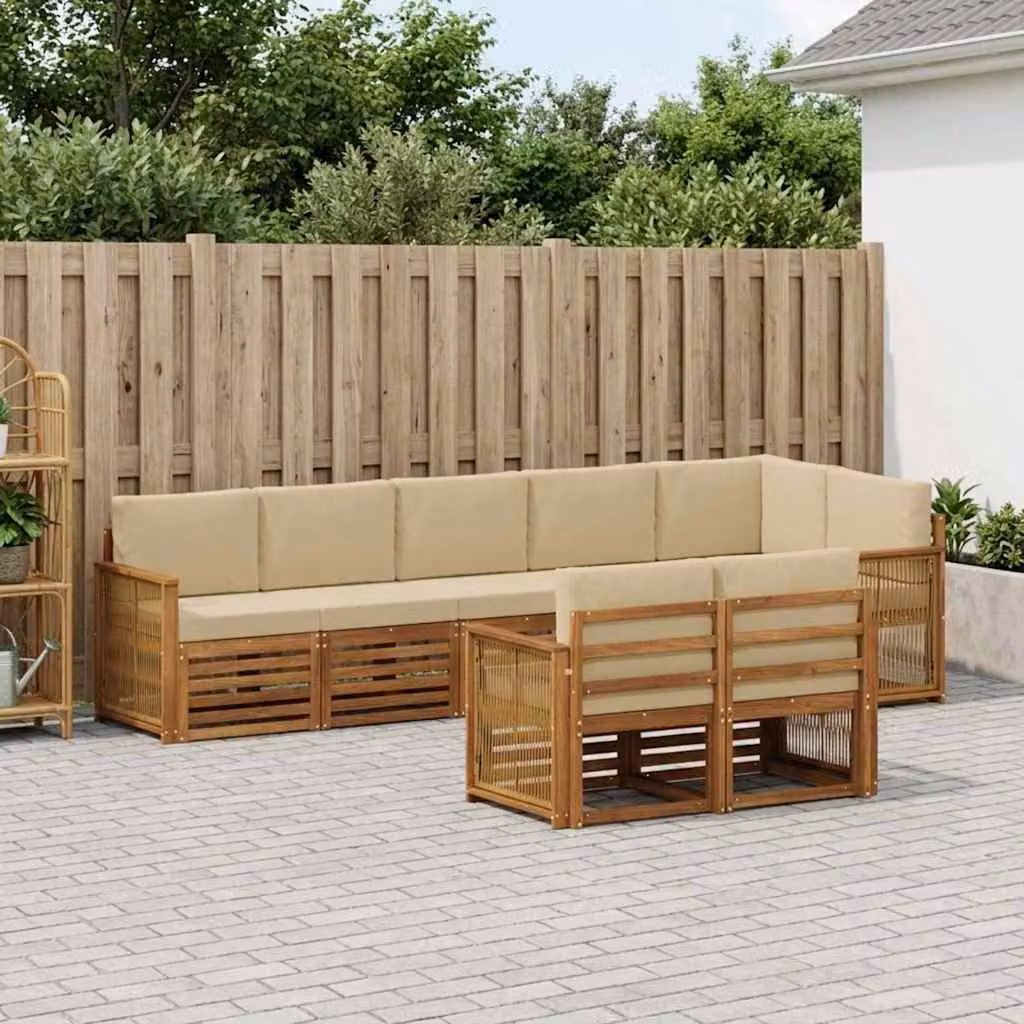 Set di divani da esterno vidaXL 7 pz in legno di acacia con cuscini, design moderno a L, colori beige, bianco o marrone