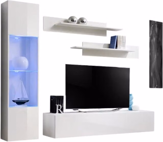 Mobile TV FLY G3 design, colore bianco lucido. Mobile sospeso moderno e alla moda per il tuo soggiorno.