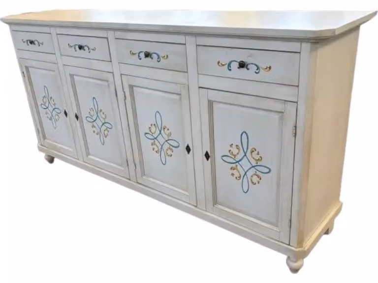 Credenza 4 porte in legno stile shabby chic bianco anticato con decori floreali Mobili 2G L/P/H: 196 x 43 x 98 cm
