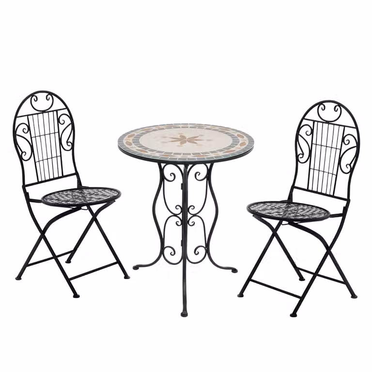 Set da giardino Bistrot VESTIAMO CASA GIARDINO con tavolo rotondo in vetro e 2 sedie in metallo nero