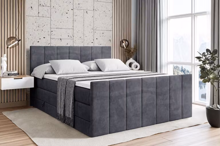 Letto boxspring ALTDECOR con pediera, 2 materassi e topper - 180x200 cm - MOETI-Z KING - Velluto grigio scuro - Letto imbottito con materassi H3 e H4, contenitore e rete a doghe, letto con contenitore