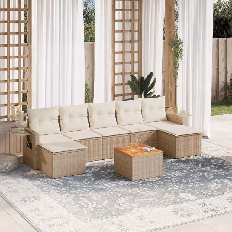 vidaXL Set Divano da Giardino a L 8 pz in Polyrattan con Cuscini Beige e Tavolino da Esterno