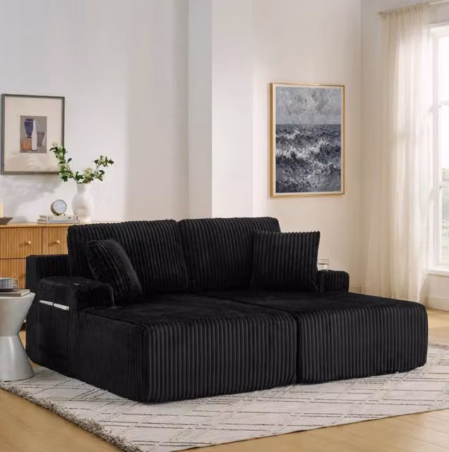 Divano letto 2 posti multifunzionale in tessuto corduroy nero con tasca laterale e portabicchieri