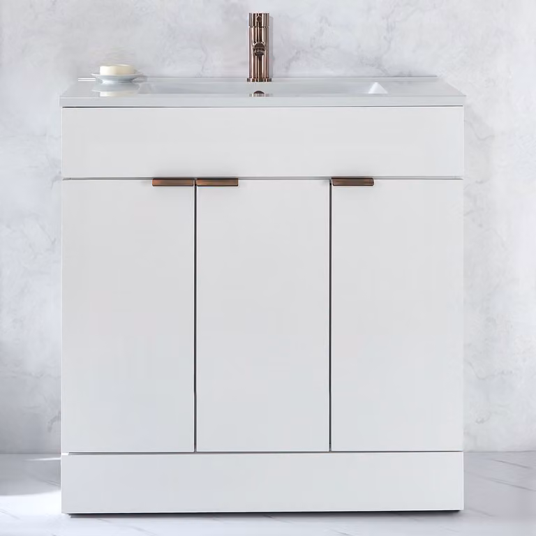 Mobile Bagno a Terra Bianco da 810mm con Lavabo e Maniglie con Impugnatura a Dito in Bronzo Spazzolato - Cluo