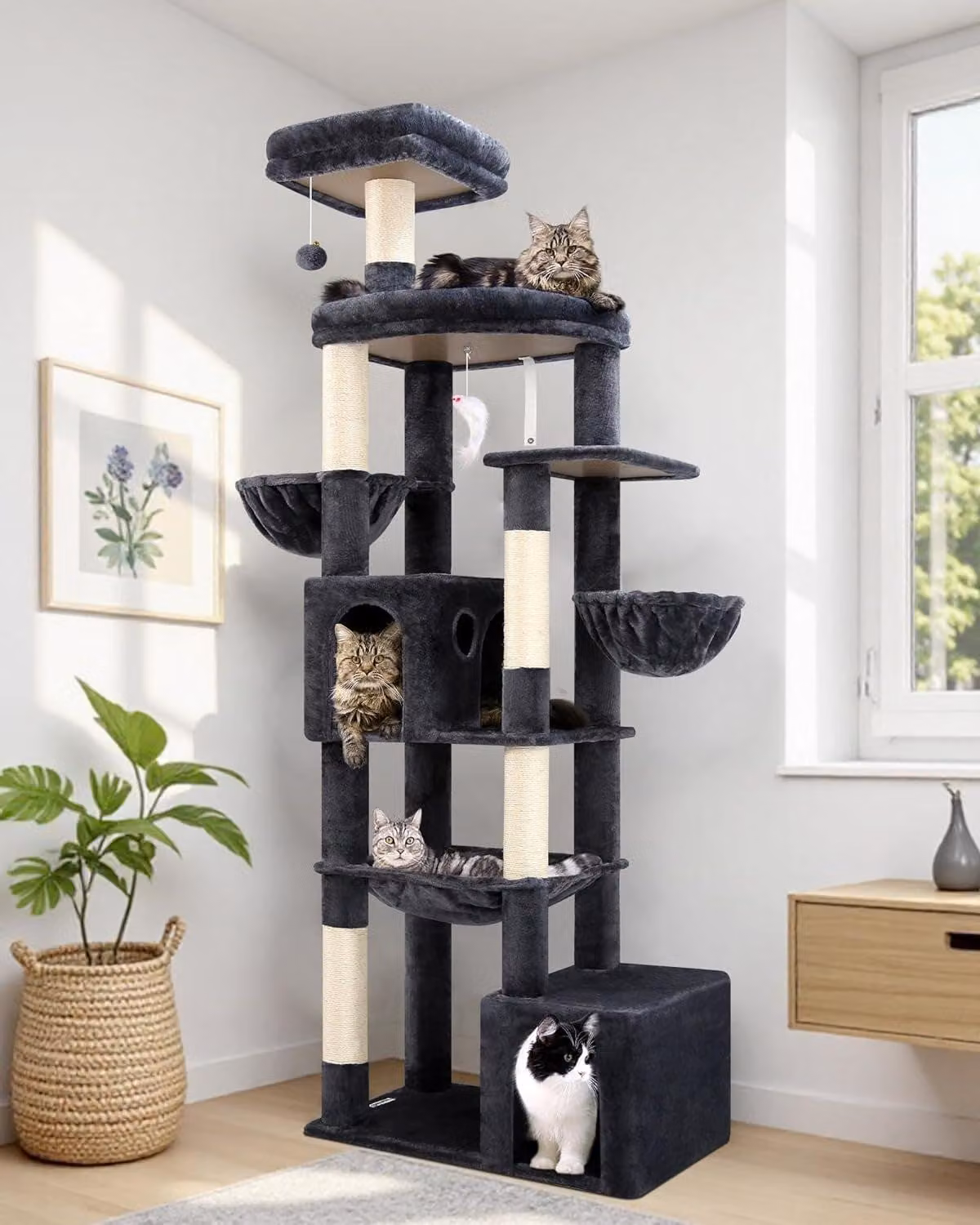 Albero per gatti XXL - Tiragraffi - Struttura per arrampicata - Torre per gatti - Casetta per gatti - Grigio scuro - 194 cm di altezza