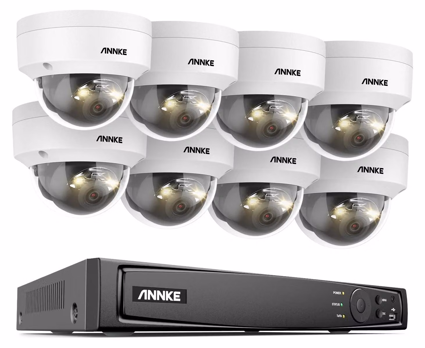 Sistema di videosorveglianza IP a 16 canali, composto da 8 telecamere, un registratore NVR da 12MP e sistema PoE