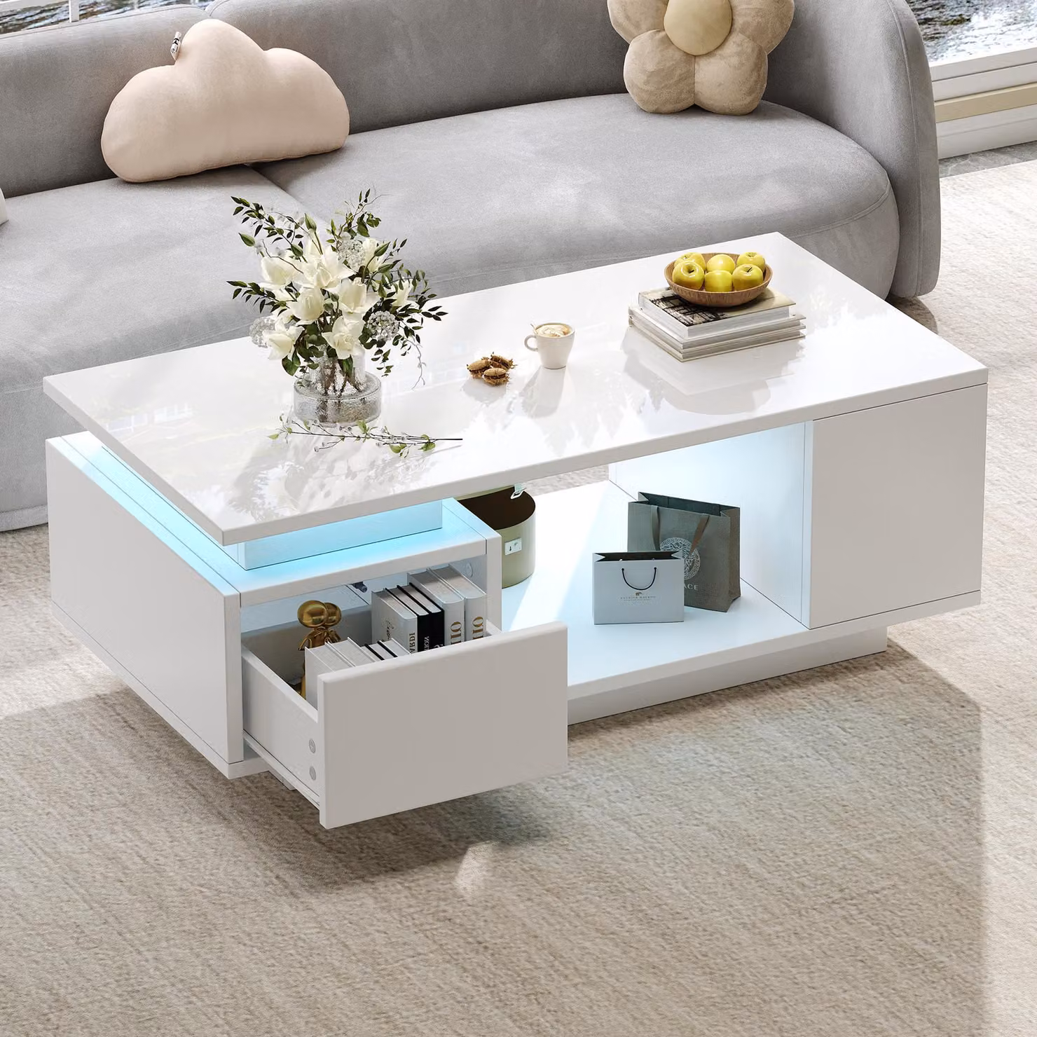 Tavolino bianco, con illuminazione LED, cassetto, 4 scomparti, parte centrale aperta