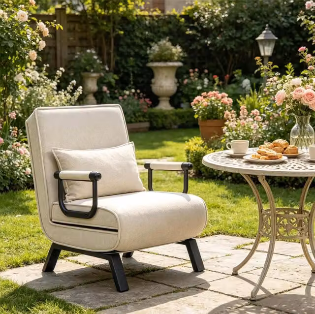 Poltrona letto 3 in 1 con schienale regolabile in lino beige