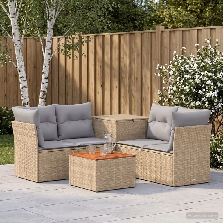 Set di divani da giardino vidaXL in polyrattan con forma a L, beige e grigio chiaro, composto da 6 pezzi con tavolino e cuscini inclusi