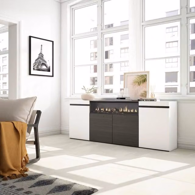 Credenza, Mobile, 200x35x75cm, 4 Porte, Camino elettrico, Bianco e nero RF2298