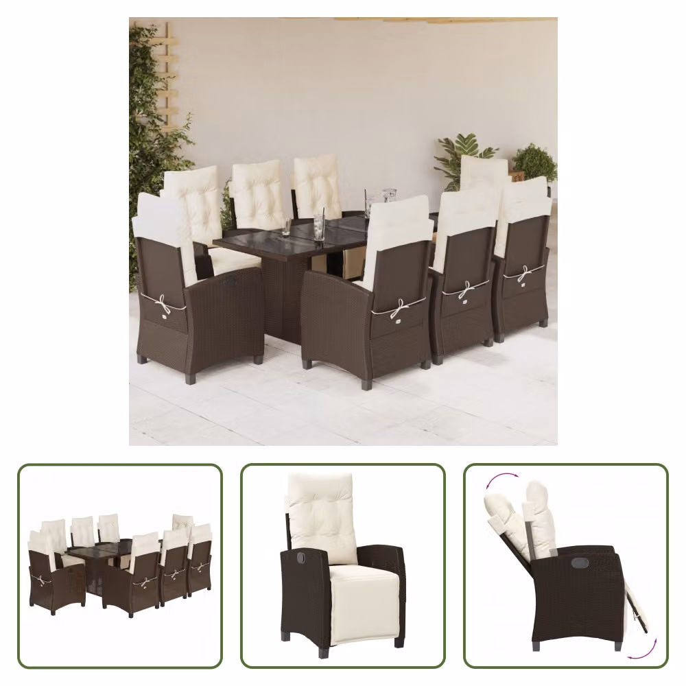 The Living Store Set da pranzo da giardino 9 pezzi con cuscini in polirattan marrone