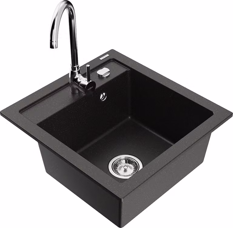 Mexen Vito lavello in granito 1-vasca con rubinetto da cucina Telma, nero/oro metallizzato - 6503-75-670200-00