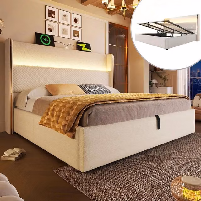 Letto 180x200cm?- Xylo - idraulico LED USB lino beige