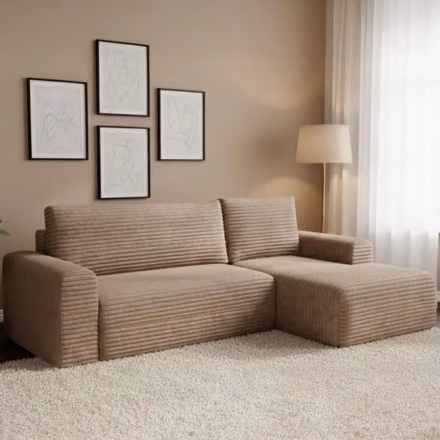 Divano Letto Folgarida DMORA con Penisola Contenitore, Forma a L, Rivestimento in Tessuto Beige, L/P/H: 268 x 163 x 43 cm – 1