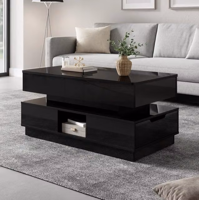 Tavolino da salotto ULEVR 90x48 cm regolabile in altezza con LED, presa integrata e cassetti, nero lucido