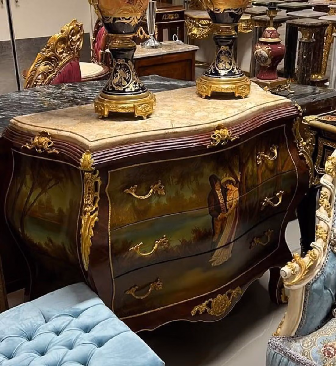 Casa Padrino Cassettiera barocca marrone / oro / multicolore / crema - Cassettiera fatta a mano con 3 cassetti e piano in marmo - Mobili barocchi