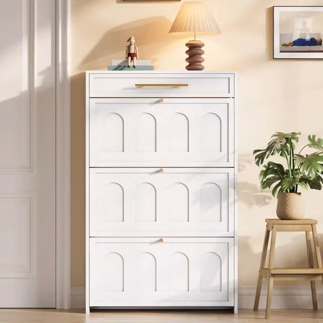Scarpiera moderna stretta con 6 vani aperti e 1 cassetto salvaspazio per ingresso in MDF bianco 70 × 25 × 123,5 cm