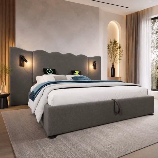 Letto contenitore 160x200 cm grigio in lino con lampada e USB-C