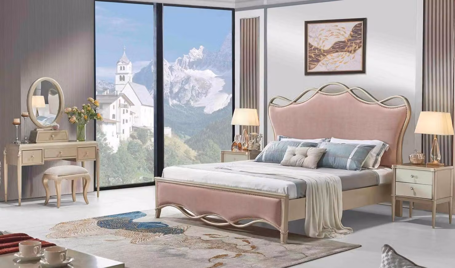 Design Schlafzimmer Bett Luxus Betten Leder Rosa Doppel Polster Möbel Textil
