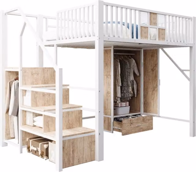 Letto a soppalco REDOM bianco in metallo e legno con armadio e scala L/P/H: 200 x 140 x 170 cm