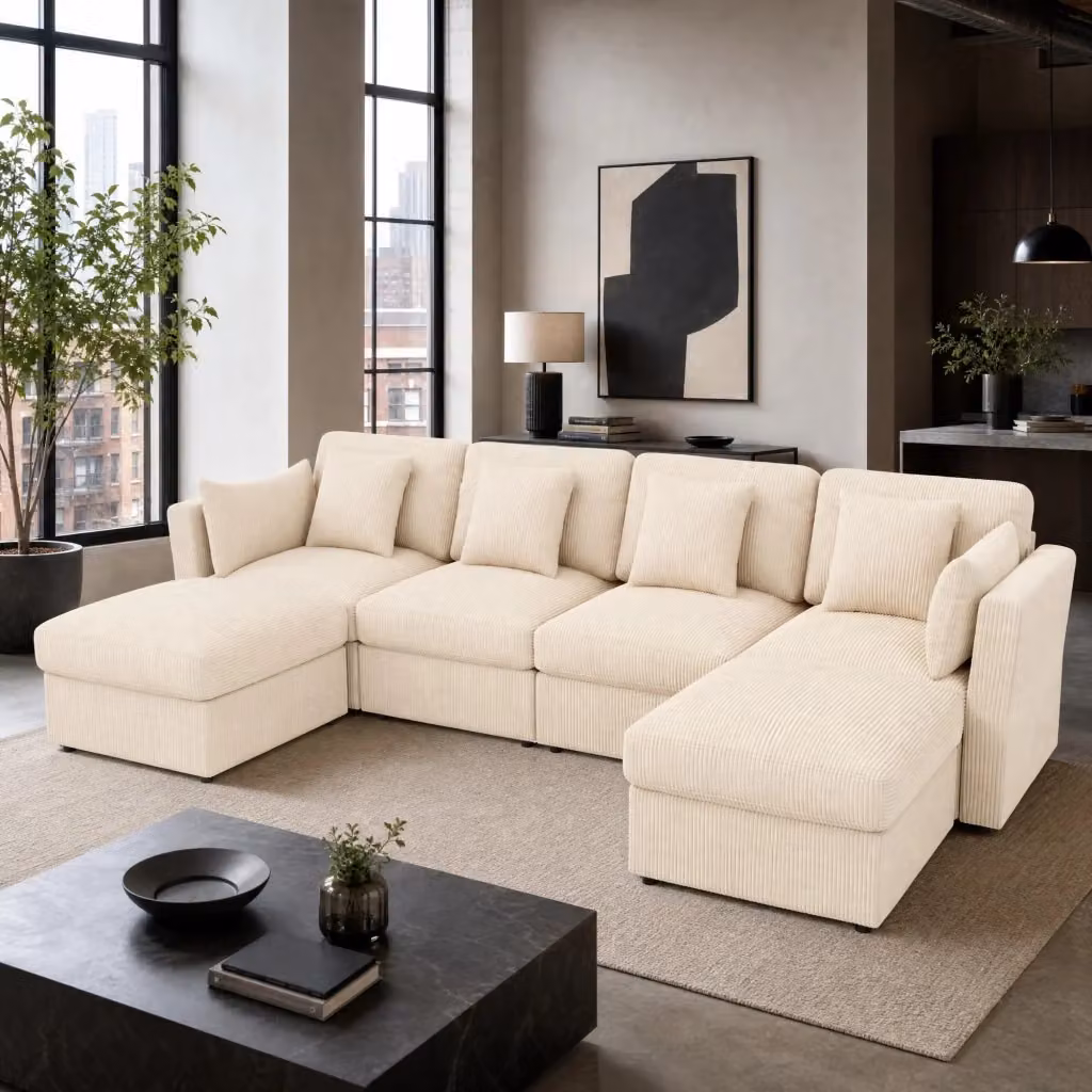 Divano angolare modulare REDOM in velluto a coste beige, modello moderno a L con poggiatesta regolabile e cuscini coordinati, L/P/H: 290 x 159,5 x 89 cm – 2