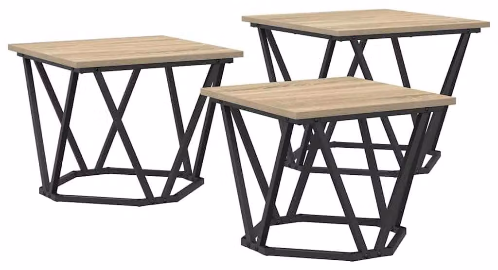 Set di 3 tavolini da salotto in legno di quercia Sonoma e acciaio