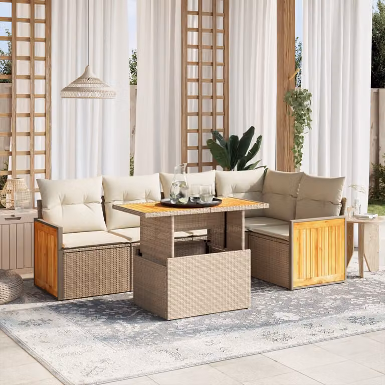 vidaXL Set Divano da Giardino a L in Polyrattan Beige con Cuscini e Tavolino da Esterno 6 pz