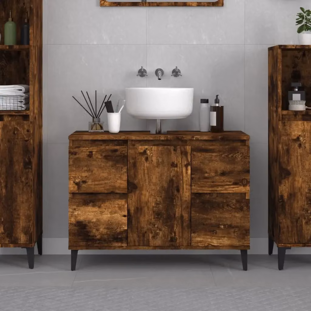 Mobile Lavabo Moderno in Rovere Fumo con Ante e Cassetti, L: 80 cm, P: 33 cm, H: 60 cm – 2