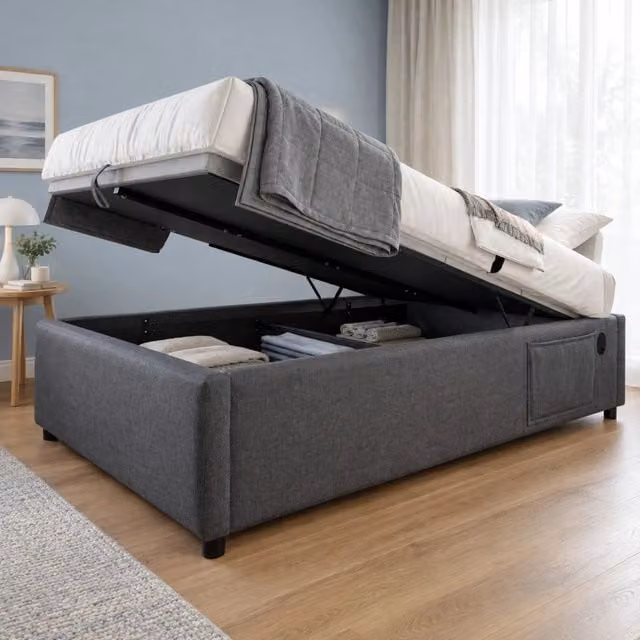 Letto singolo 90x200 cm con contenitore idraulico; USB e USB-C; in cotone e lino grigio