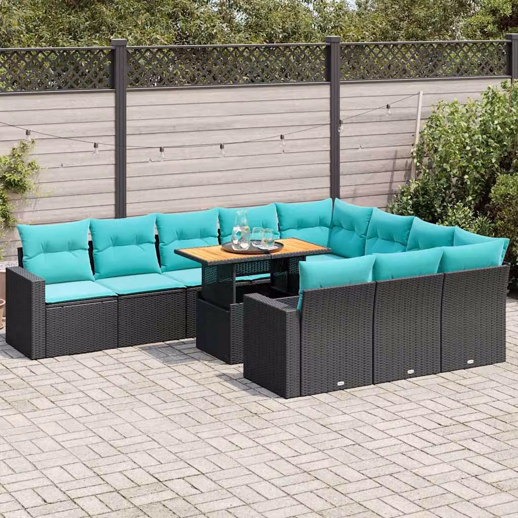 Set Divani da Giardino vidaXL 11 pz in Polyrattan con Cuscini Blu e Nero e Tavolino da Esterno a Forma di L