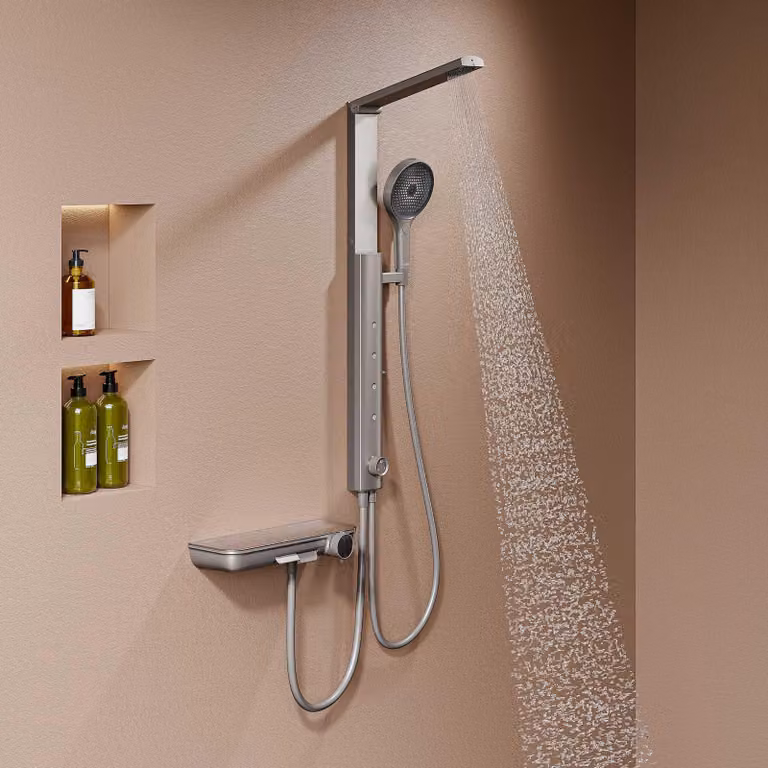Set doccia a pioggia HOROW con miscelatore termostatico, grigio. Set doccia con 4 modalità di massaggio, set doccia ribaltabile, regolabile in altezza, per vasche da bagno