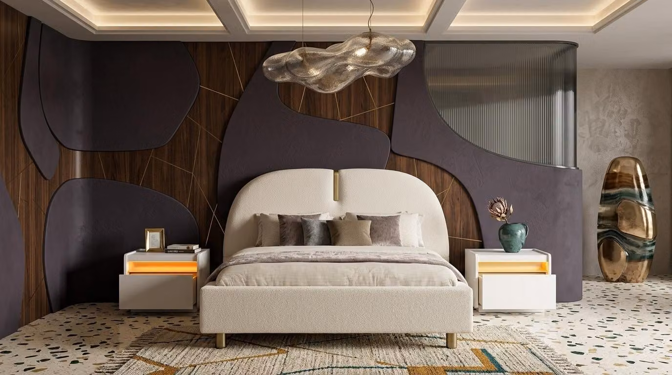 Letto imbottito moderno, bianco, con due comodini, struttura in legno e dettagli rotondi