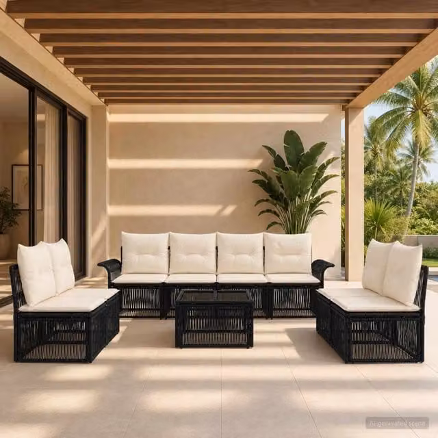 Set Divano da Giardino vidaXL 9 Pezzi a Forma di U in Polyrattan Nero con Cuscini e Tavolino – 1