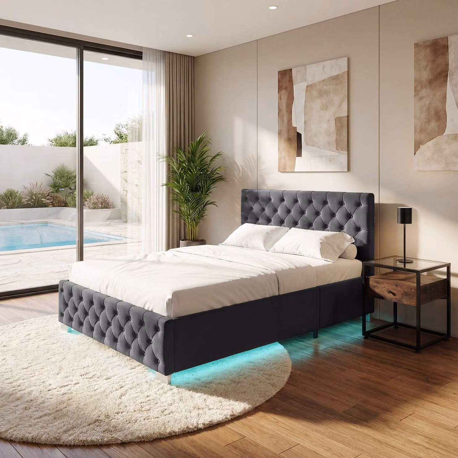 Letto imbottito modello Chesterfield tectake con contenitore a sollevamento, illuminazione LED sottostante e rivestimento in velluto nero, L/P/H: 140 x 200 x 148 cm – 2