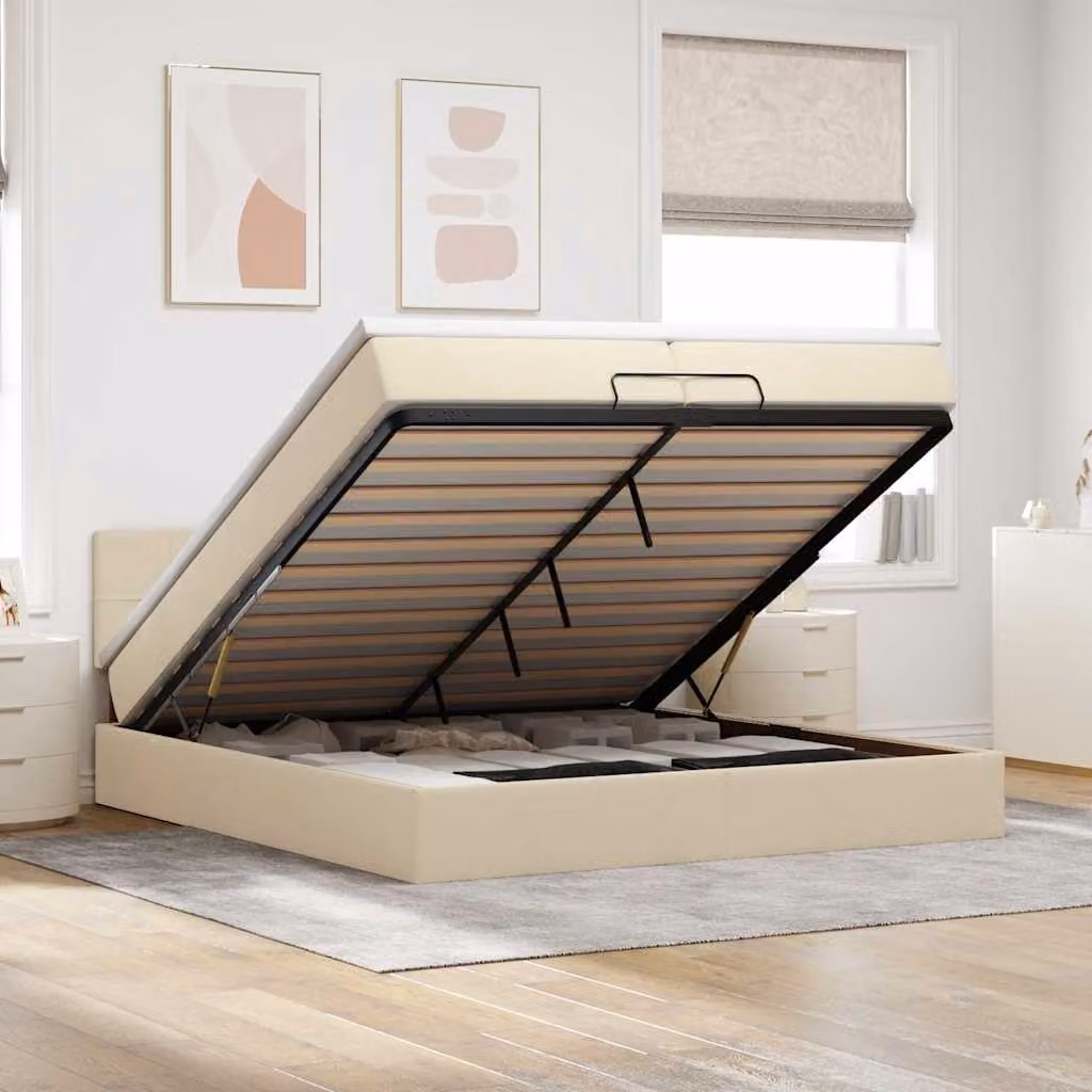 vidaXL Struttura Letto con Materasso e Base a Sollevamento in Tessuto Beige e Bianco, L/P: 200 x 200 cm – 1