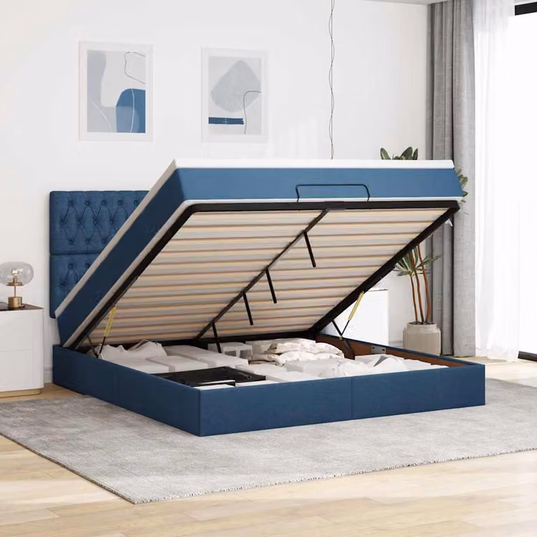vidaXL Letto con Contenitore e Materasso in Tessuto Blu e Bianco L: 160 cm, P: 200 cm, H: 203 cm