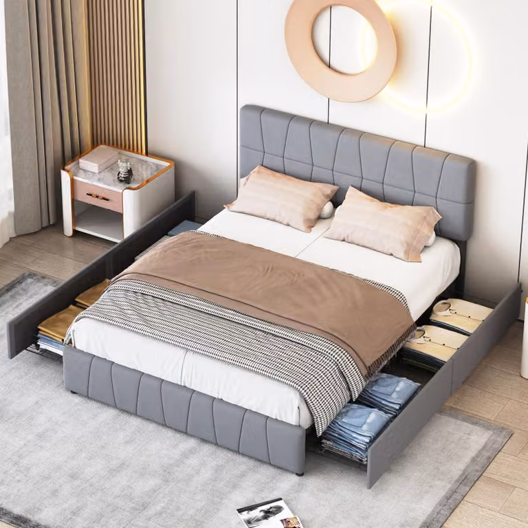 Letto imbottito matrimoniale INONEFT, 160x200 cm, con 4 cassetti, letto contenitore in legno con rete a doghe, letto multifunzionale per adolescenti, in velluto, colore grigio