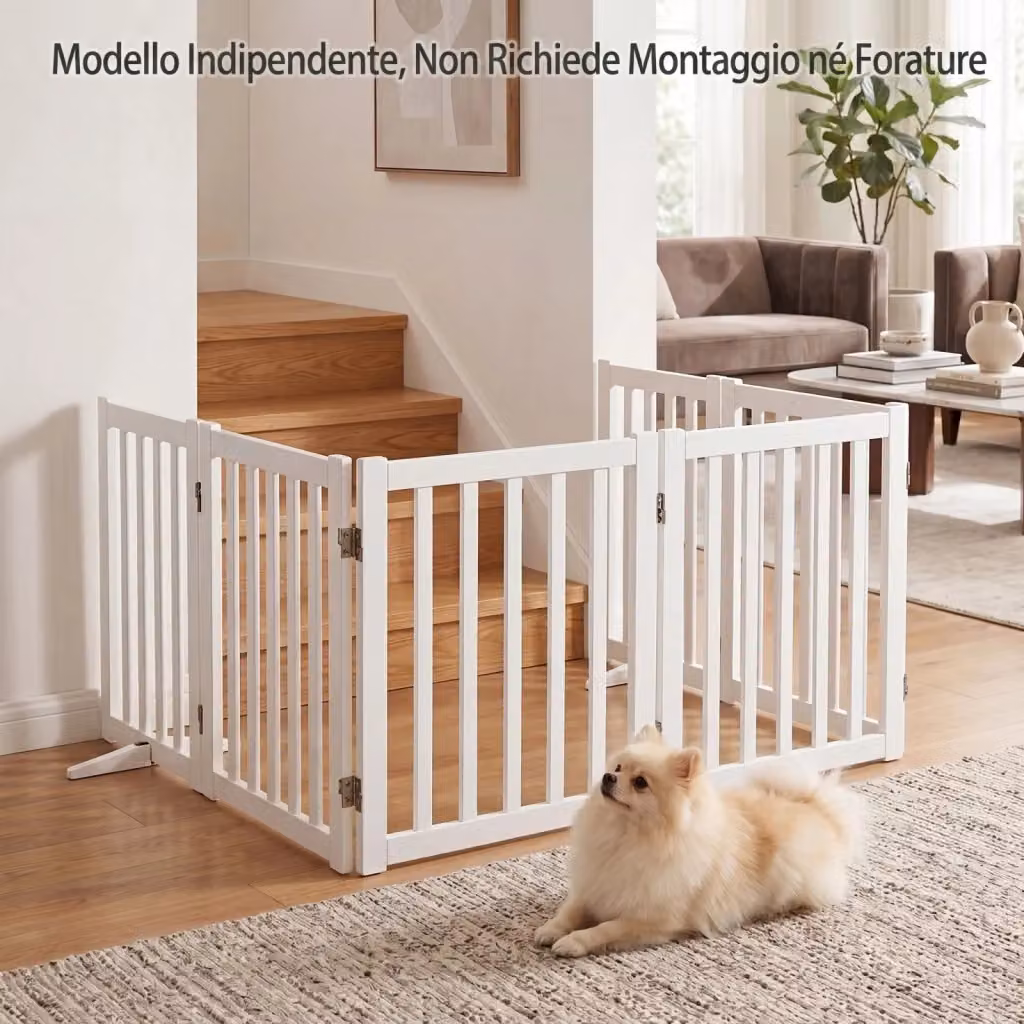 Cancelletto pieghevole per cani in legno di gomma massello bianco con 6 pannelli e base antiscivolo per interni – 2