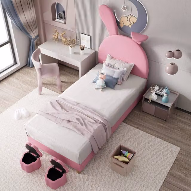 Letto singolo OKWISH in velluto rosa con luci LED sotto il letto e contenitori laterali, L/P/H: 203.5 x 90 x 151.5 cm