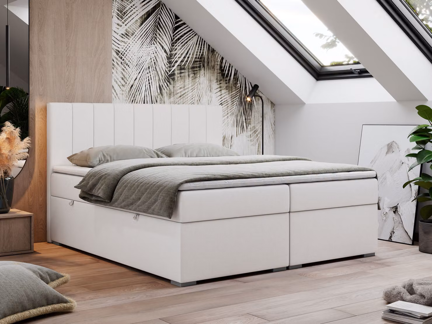 Letto con rete a molle 160x200, letto 160x200 con materasso e topper, letto con rete a molle e contenitore, letto matrimoniale - LOPE - 160x200 - Bianco - Ecopelle - H4