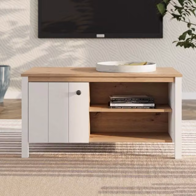 Tavolino da salotto moderno DMORA in legno color rovere e bianco, forma rettangolare L/P/H: 126 x 55 x 53 cm