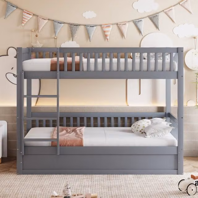 Letto a castello MIVRAY per bambini con contenitore a sollevamento, scala e rete a doghe in legno, colore grigio, L/P/H: 200 x 90 x 175 cm