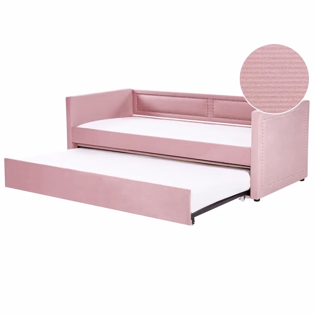 Letto da giorno estraibile Beliani in velluto a coste rosa con finitura nailhead trim e rete a doghe, misura singola 90 x 200 cm – 2