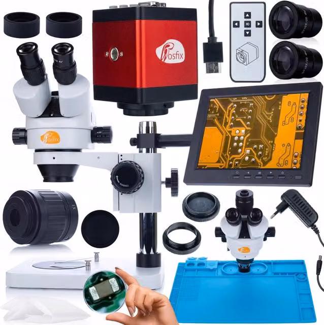 Set Microscopio Professionale Rosfix Mercury Pro con Telecamera, Display 8 pollici e Accessori, Testa Trinoculare e Zoom 7x-45x, Colore Bianco