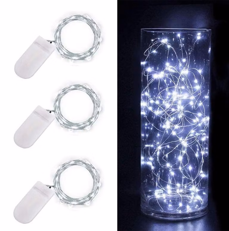 Set di 3 catene luminose a LED, lunghezza 2 metri, 20 LED, filo di rame, colore bianco, alimentazione a batteria