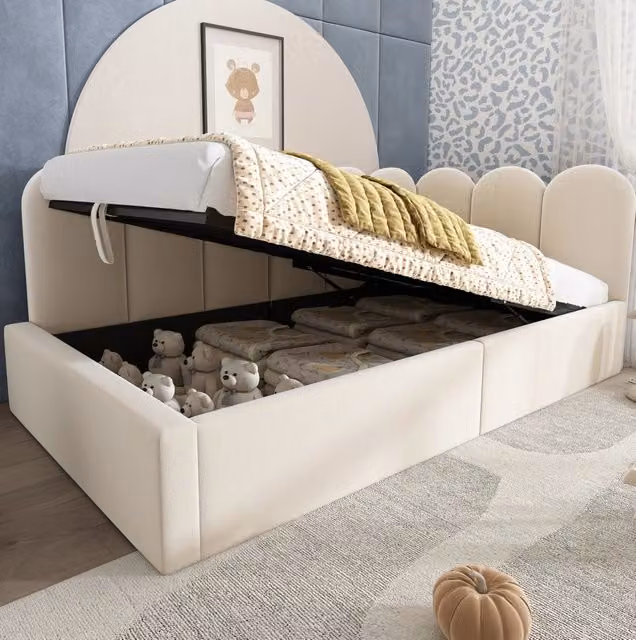 Letto imbottito Daybed 90x190 cm con contenitore idraulico, struttura in metallo, velluto beige, senza materasso