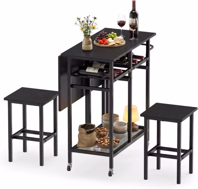 Set da pranzo moderno composto da tavolo quadrato nero con ruote e 2 sgabelli per 6 persone – 1