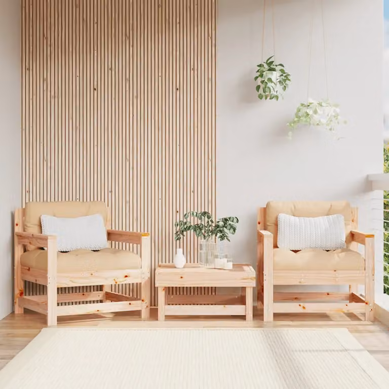 Set di 2 sedie da giardino vidaXL in legno di pino con cuscini beige e braccioli color marrone